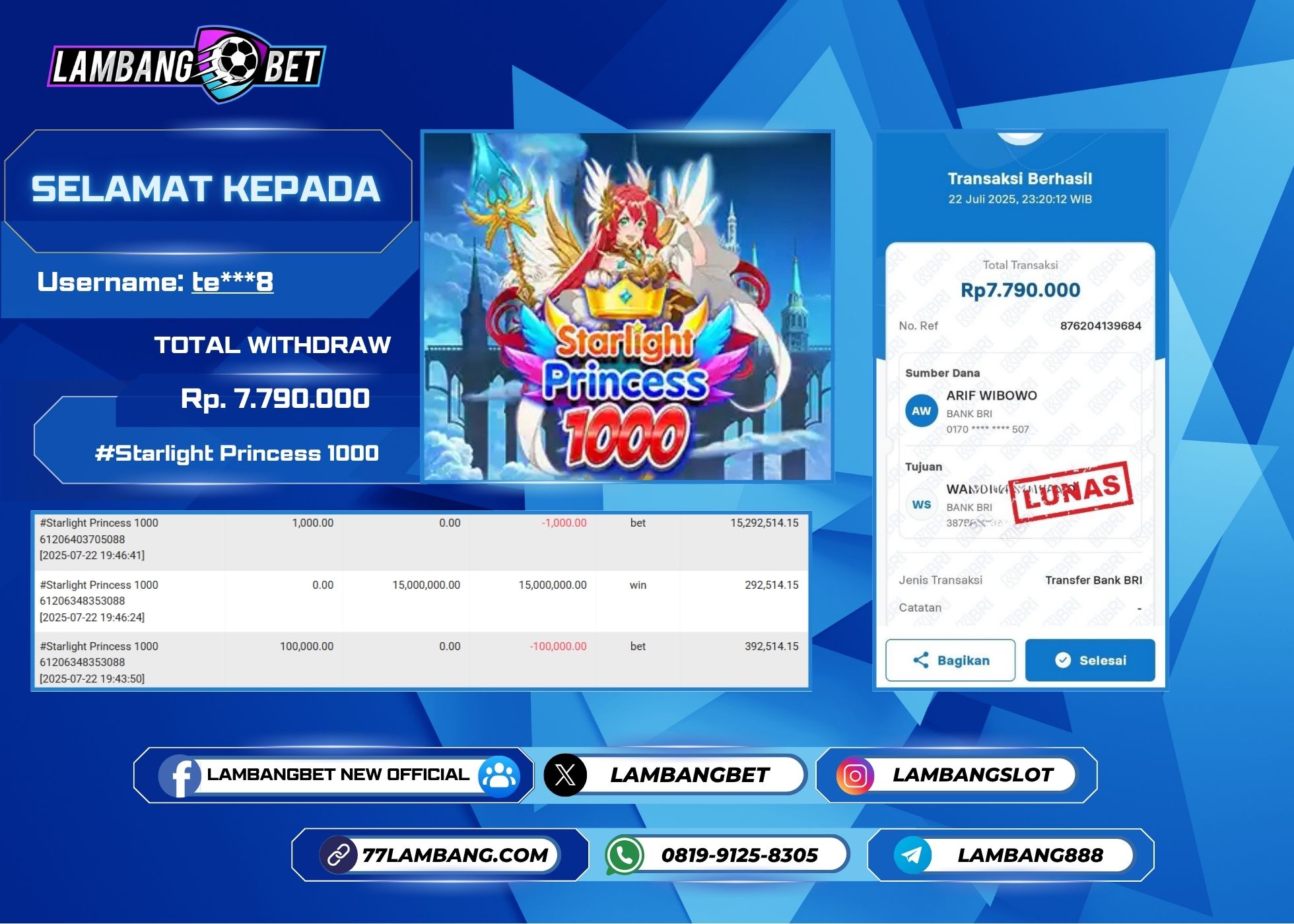 LAMBANGBET [22 JULY 2025] JACKPOT SLOT Starlight Princess 1000 "Rp7.790.000" LUNAS